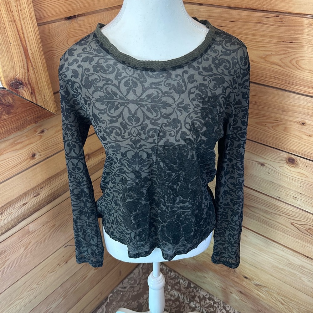 Vintage Burned Out Velvet Sheer Black Grey Long Sleeve Top Y2K Retro Womens Smal - Picture 2 of 8